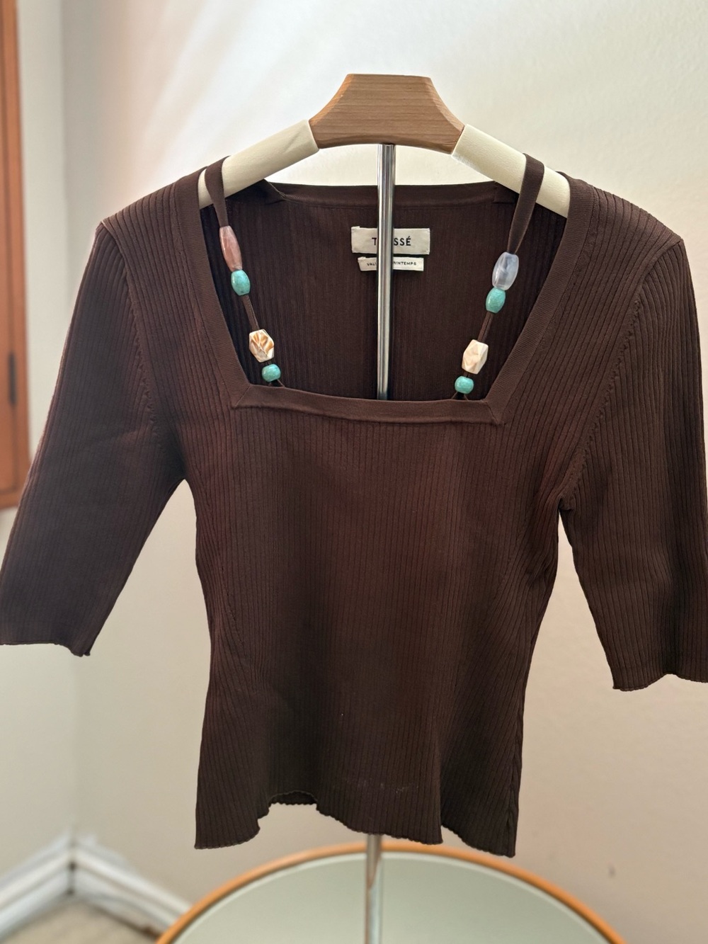 🤎 TRESSÉ Paris Ribbed Knit Top | Square Neck Chunky Beaded Detail